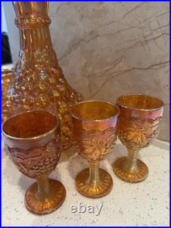 Vintage Marigold Grape Pattern Carnival Glass Decanter Set