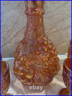 Vintage Marigold Grape Pattern Carnival Glass Decanter Set