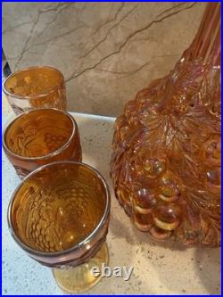 Vintage Marigold Grape Pattern Carnival Glass Decanter Set