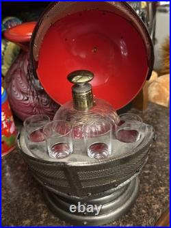 Vintage Medieval Knights Helmet Decanter Shot Glass Bar Complete Set