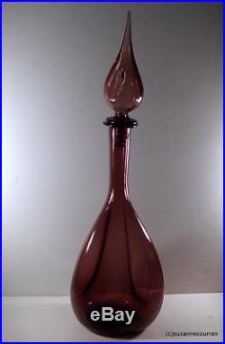 Vintage Mid Century Art Glass Purple Pinch Decanter with Flame Stopper 20