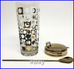Vintage Mid Century Barware Black Gold Atomic Shaker Shot Glasses Caddy Set