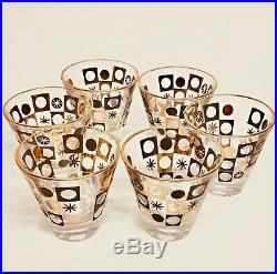 Vintage Mid Century Barware Black Gold Atomic Shaker Shot Glasses Caddy Set