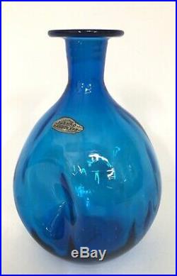 Vintage Mid Century Blenko Blue Glass Pinched Decanter Ball Stopper
