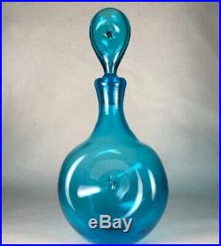 Vintage Mid Century Blenko Blue Glass Pinched Donut Decanter & Stopper 13