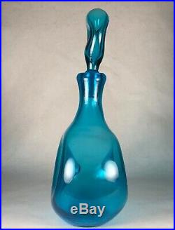 Vintage Mid Century Blenko Blue Glass Pinched Donut Decanter & Stopper 13