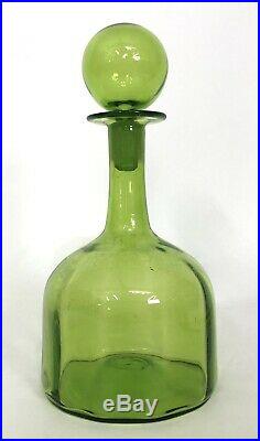Vintage Mid Century Blenko Green Glass Optic Decanter with Ball Stopper