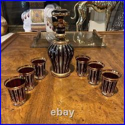 Vintage Mid Century Boho Style Bohemia Glass Decanter Set Barware