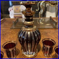 Vintage Mid Century Boho Style Bohemia Glass Decanter Set Barware