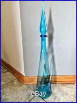 Vintage Mid-Century Empoli Blue Genie Glass Bottle Decanter Flame Stopper XTall
