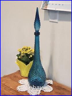 Vintage Mid Century Empoli Italian Blue Glass Genie Decanter Bottle