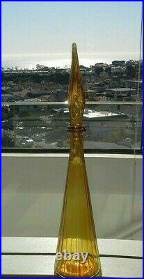 Vintage Mid Century Empoli Italian Ribbed Amber Glass Genie Bottle Decanter