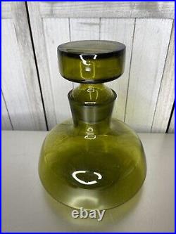 Vintage Mid-Century Green Glass Large XL Decanter Wine With Glass Stopper