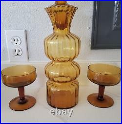 Vintage Mid Century Modern 1 MCM Bronze Ribbed Fluted Bottle 1 Lid 2 Glasses