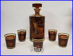 Vintage Mid Century Modern Amber Etched Glass Decanter Liquor 6 Piece Set