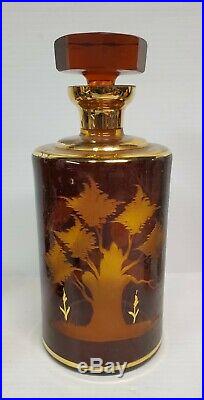 Vintage Mid Century Modern Amber Etched Glass Decanter Liquor 6 Piece Set