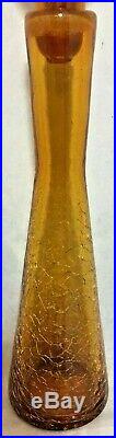 Vintage Mid Century Modern Blenko Amber Crackle Glass Decanter with Stopper 17.5