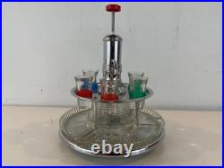 Vintage Mid Century Modern Chrome & Glass 6 Shot Glass Pump Decanter