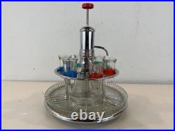 Vintage Mid Century Modern Chrome & Glass 6 Shot Glass Pump Decanter