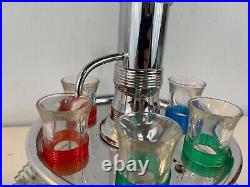Vintage Mid Century Modern Chrome & Glass 6 Shot Glass Pump Decanter