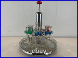 Vintage Mid Century Modern Chrome & Glass 6 Shot Glass Pump Decanter