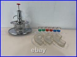 Vintage Mid Century Modern Chrome & Glass 6 Shot Glass Pump Decanter