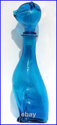 Vintage Mid Century Modern Empoli Aqua Teal Blue Glass Cat Bottle Decanter 14