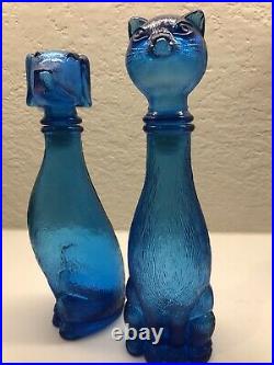 Vintage Mid Century Modern Empoli Aqua Teal Blue Glass Cat Dog Decanter 9 Small