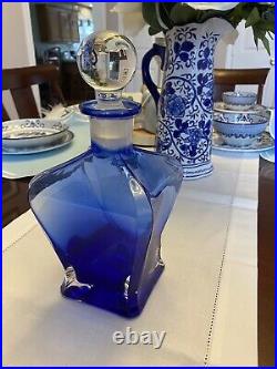 Vintage Mid Century Modern Glass Decanter Abstract Cobalt Blue Ground Stopper