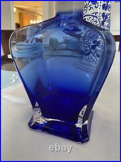 Vintage Mid Century Modern Glass Decanter Abstract Cobalt Blue Ground Stopper