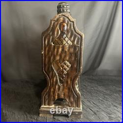 Vintage MidCentury Spanish Gothic Brutalist Amber Glass Decanter Trio Wood
