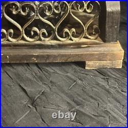 Vintage MidCentury Spanish Gothic Brutalist Amber Glass Decanter Trio Wood