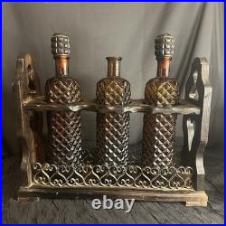 Vintage MidCentury Spanish Gothic Brutalist Amber Glass Decanter Trio Wood
