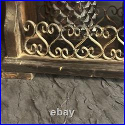 Vintage MidCentury Spanish Gothic Brutalist Amber Glass Decanter Trio Wood