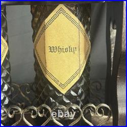 Vintage MidCentury Spanish Gothic Brutalist Amber Glass Decanter Trio Wood