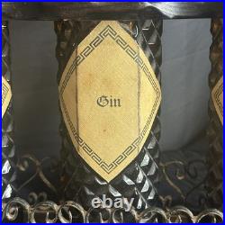 Vintage MidCentury Spanish Gothic Brutalist Amber Glass Decanter Trio Wood