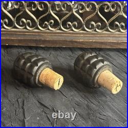 Vintage MidCentury Spanish Gothic Brutalist Amber Glass Decanter Trio Wood