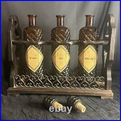 Vintage MidCentury Spanish Gothic Brutalist Amber Glass Decanter Trio Wood