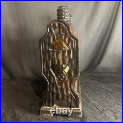 Vintage MidCentury Spanish Gothic Brutalist Amber Glass Decanter Trio Wood