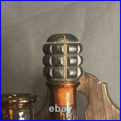 Vintage MidCentury Spanish Gothic Brutalist Amber Glass Decanter Trio Wood