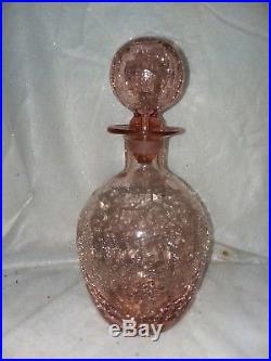 Vintage Midcentury Blenko Pink Crackle Glass Decanter Bubble Stopper 1 ring