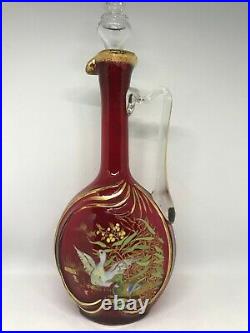 Vintage Moser Quality Enameled Duck Scenic Decor Cranberry Glass Decanter