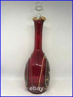 Vintage Moser Quality Enameled Duck Scenic Decor Cranberry Glass Decanter
