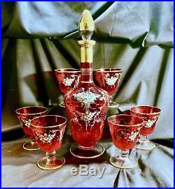 Vintage Moser Ruby Glass Hand Painted Decanter and 6 Glasses