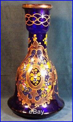 Vintage Moser Style Bohemian Blue Glass Painted Vase Decanter With Gilding