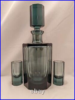 Vintage Moser Style Geometric Cut Smokey Blue/Green Glass Decanter & Two Glasses