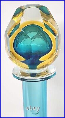 Vintage Murano Art Glass Decanter Large Teal and Yellow with Stopper U256