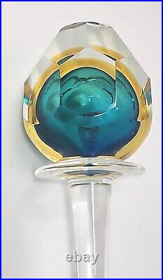 Vintage Murano Art Glass Decanter Large Teal and Yellow with Stopper U256