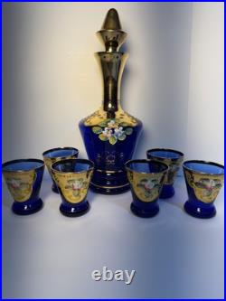 Vintage Murano Blue Glass Decanter 6 matching glasses Leaves & Flower Decoration
