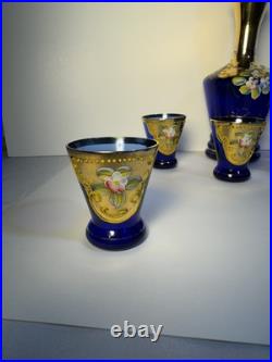 Vintage Murano Blue Glass Decanter 6 matching glasses Leaves & Flower Decoration